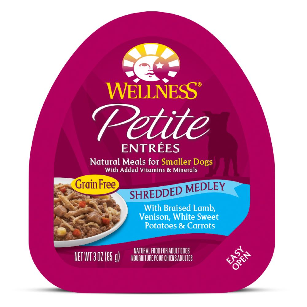 "Wellness Petite Entrees Shredded Medley Braised Lamb, Venison Grain-Free Tray Dog Food 85g"