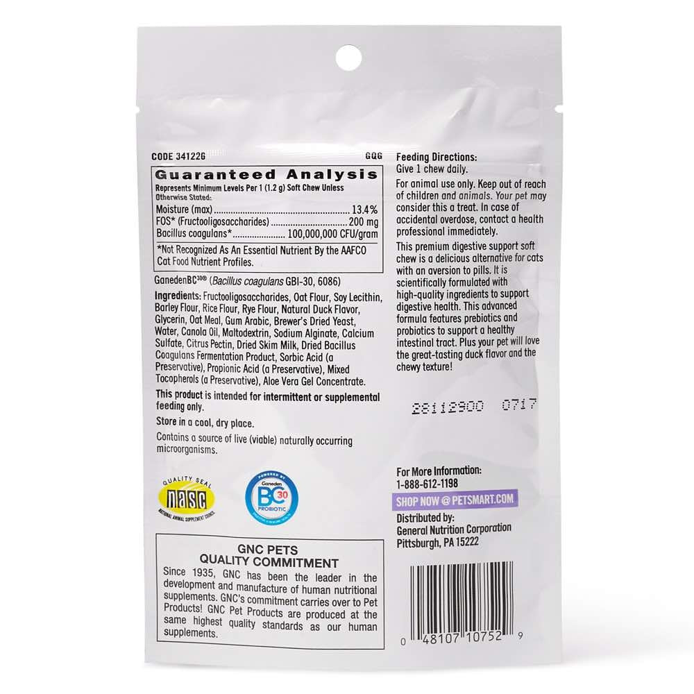 GNC Pets Ultra Mega Digestive Support Duck-Flavour Soft Chews Cat Supplement 30ct