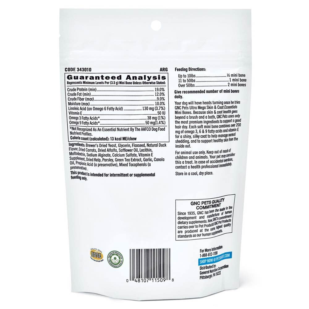 GNC Pets Ultra Mega Skin & Coat Essentials Duck-Flavour Soft Chews Dog Supplement 60ct