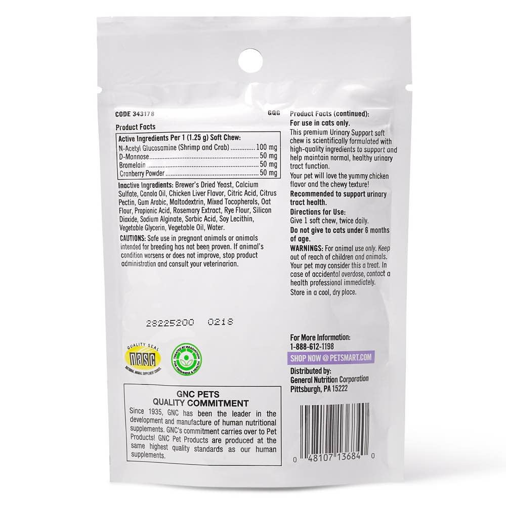 GNC Pets Ultra Mega Urinary Support Chicken-Flavour Soft Chews Cat Supplement 45ct