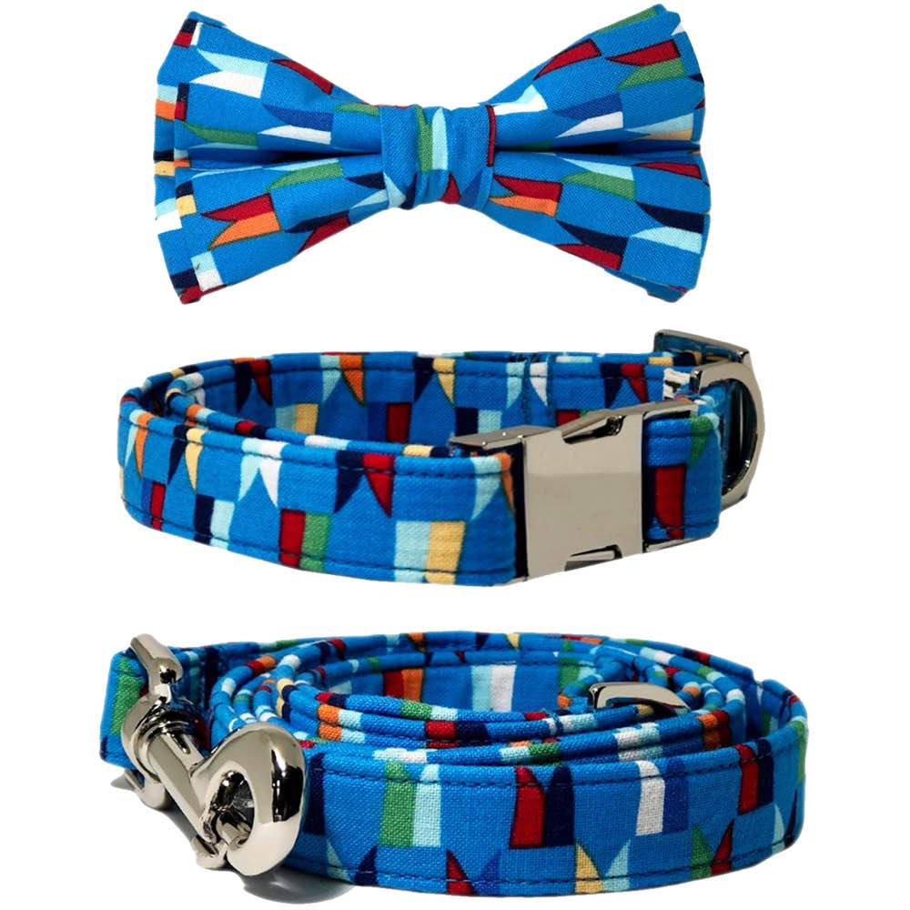 "Pattefrenz Blue Tribal Nickel Dog Collar, Leash & Bowtie Set"