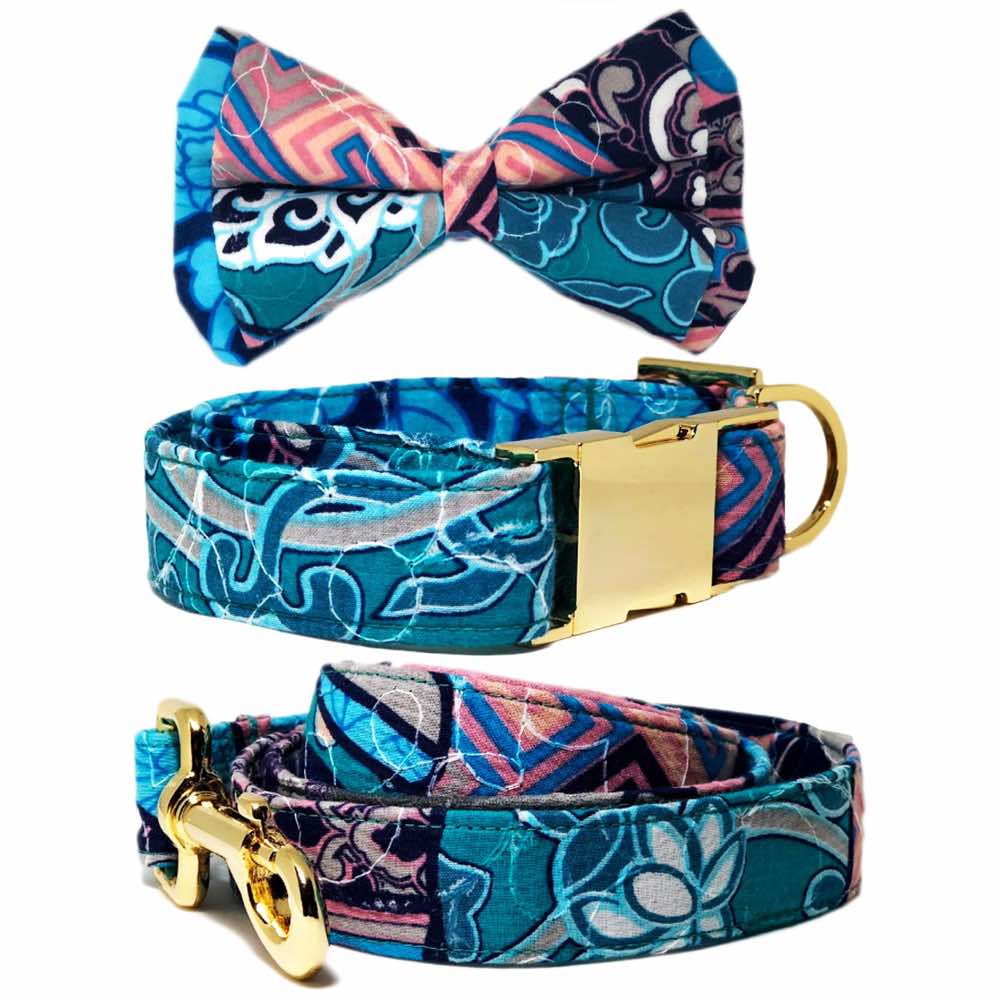 "Pattefrenz Japanese Blue Wave Gold Dog Collar, Leash & Bowtie Set (Medium)"