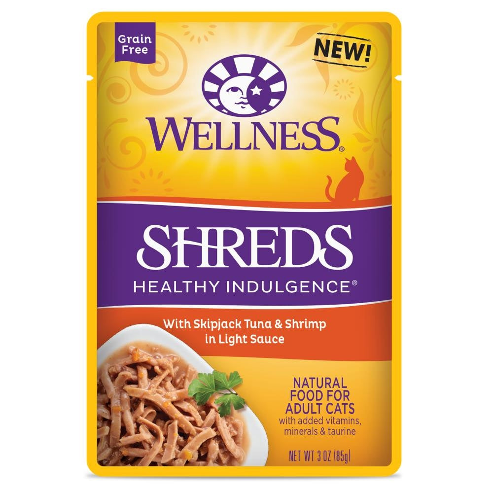 Wellness Healthy Indulgence Shreds Skipjack Tuna & Shrimp In Light Sauce Grain-Free Pouch Cat Food 3oz