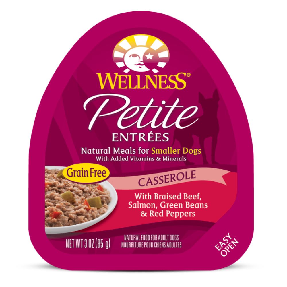 "Wellness Petite Entrees Casserole Braised Beef, Salmon Grain-Free Tray Dog Food 85g"